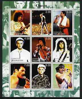 Tadjikistan 2000 Queen perf sheetlet containing 9 values unmounted mint, stamps on personalities, stamps on music, stamps on pops
