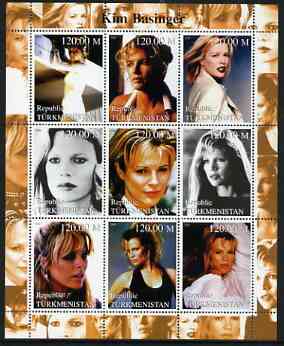 Turkmenistan 2000 Kim Basinger perf sheetlet containing 9 values unmounted mint, stamps on films, stamps on cinema, stamps on personalities, stamps on entertainments, stamps on 