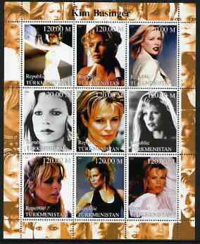 Turkmenistan 2000 Kim Basinger perf sheetlet containing 9 values unmounted mint, stamps on , stamps on  stamps on films, stamps on  stamps on cinema, stamps on  stamps on personalities, stamps on  stamps on entertainments, stamps on  stamps on 