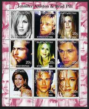 Kyrgyzstan 2000 Jennifer Aniston & Brad Pitt perf sheetlet containing 9 values unmounted mint, stamps on , stamps on  stamps on films, stamps on  stamps on cinema, stamps on  stamps on personalities, stamps on  stamps on entertainments, stamps on  stamps on 