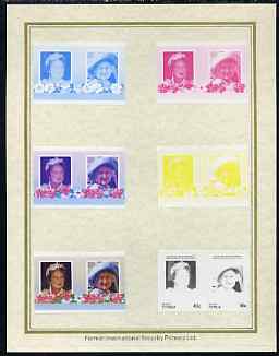 Tuvalu - Vaitupu 1985 Life & Times of HM Queen Mother (Leaders of the World) 40c set of 7 imperf progressive proof pairs comprising the 4 individual colours plus 2, 3 and all 4 colour composites mounted on special Format International cards (7 se-tenant proof pairs), stamps on , stamps on  stamps on royalty, stamps on  stamps on queen mother