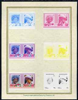 Tuvalu - Vaitupu 1985 Life & Times of HM Queen Mother (Leaders of the World) 95c set of 7 imperf progressive proof pairs comprising the 4 individual colours plus 2, 3 and all 4 colour composites mounted on special Format International cards (7 se-tenant proof pairs), stamps on , stamps on  stamps on royalty, stamps on  stamps on queen mother