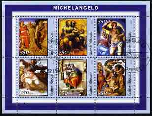 Guinea - Bissau 2001 Paintings by Michelangelo perf sheetlet containing 6 values cto used, stamps on , stamps on  stamps on arts, stamps on  stamps on michelangelo, stamps on  stamps on renaissance