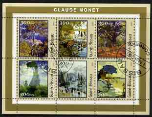 Guinea - Bissau 2001 Paintings by Claude Monet perf sheetlet containing 6 values cto used, stamps on , stamps on  stamps on arts, stamps on  stamps on monet, stamps on  stamps on umbrellas