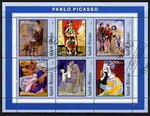 Guinea - Bissau 2001 Paintings by Pablo Picasso perf sheetlet containing 6 values cto used, stamps on arts, stamps on picasso
