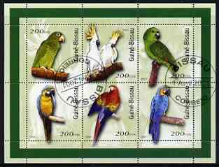 Guinea - Bissau 2001 Parrots perf sheetlet containing 6 values cto used, stamps on birds, stamps on parrots