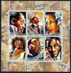 Benin 2003 Jazz Masters #2 (Duke Ellington, Sinatra, Billie H, Sarah Vaughan, Louis & Nat Cole) perf sheetlet containing 6 values cto used, stamps on music, stamps on entertainments, stamps on jazz, stamps on masonics, stamps on masonry