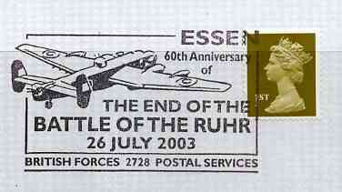 Postmark - Great Britain 2003 cover for 60th Anniversary of End of the Battle of the Ruhr illustrated with a Lancaster Bomber, stamps on , stamps on  stamps on , stamps on  stamps on  ww2 , stamps on  stamps on aviation, stamps on  stamps on battles, stamps on  stamps on lancasters