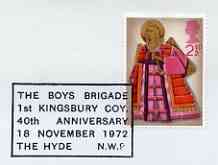 Postmark - Great Britain 1972 cover bearing special cancellation for Boys Brigade, 40th Anniversary Kingsbury Coy, stamps on boys brigade, stamps on 