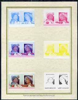 St Lucia 1985 Life & Times of HM Queen Mother (Leaders of the World) $1.75 set of 7 imperf progressive proof pairs comprising the 4 individual colours plus 2, 3 and all 4 colour composites mounted on special Format International cards (as SG 838a), stamps on , stamps on  stamps on royalty, stamps on  stamps on queen mother