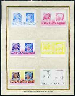 Tuvalu 1985 Life & Times of HM Queen Mother (Leaders of the World) 5c set of 7 imperf progressive proof pairs comprising the 4 individual colours plus 2, 3 and all 4 colour composites mounted on special Format International cards (7 se-tenant proof pairs as SG 334a), stamps on , stamps on  stamps on royalty, stamps on  stamps on queen mother