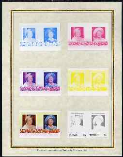 Tuvalu 1985 Life & Times of HM Queen Mother (Leaders of the World) 30c set of 7 imperf progressive proof pairs comprising the 4 individual colours plus 2, 3 and all 4 colour composites mounted on special Format International cards (7 se-tenant proof pairs as SG 336a), stamps on royalty, stamps on queen mother