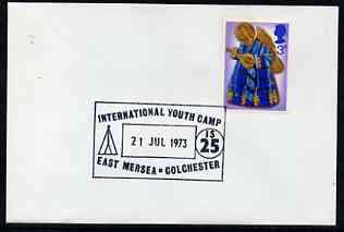 Postmark - Great Britain 1973 cover bearing illustrated cancellation for International Youth Camp, East Mersea, stamps on youth, stamps on scouts, stamps on camping
