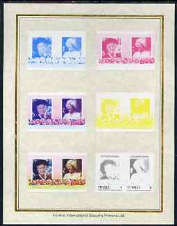 Tuvalu 1985 Life & Times of HM Queen Mother (Leaders of the World) $1 set of 7 imperf progressive proof pairs comprising the 4 individual colours plus 2, 3 and all 4 colour composites mounted on special Format International cards (7 se-tenant proof pairs as SG 340a), stamps on , stamps on  stamps on royalty, stamps on  stamps on queen mother