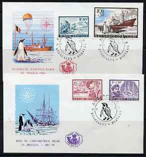 Belgium 1966 Antarctic Expeditions set of 3 plus stamp from m/sheet on 2 illustrated covers with first day (Penguin) cancels, stamps on , stamps on  stamps on polar, stamps on  stamps on penguins, stamps on  stamps on ships, stamps on  stamps on surveying, stamps on  stamps on balloons