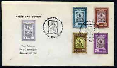 Turkey 1963 Stamp Centenary perf set of 4 on illustrated cover with first day cancel, stamps on stamp centenary, stamps on stamp on stamp, stamps on stamponstamp