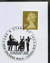 Postmark - Great Britain 2003 cover for Pubs & Stars of Jazz with illustrated New Orleans Walk cancel, stamps on alcohol, stamps on beer, stamps on music, stamps on jazz