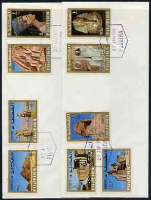 Fujeira 1966 Stamp Centenary Exhibition perf set of 9 on 2 plain covers with first day cancels, stamps on , stamps on  stamps on stamp centenary, stamps on  stamps on egyptology, stamps on  stamps on stamp exhibitions, stamps on  stamps on tourism