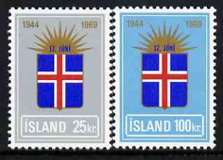 Iceland 1969 25th Anniversary of Republic perf set of 2 unmounted mint, SG 461-62*, stamps on flags