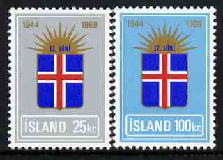 Iceland 1969 25th Anniversary of Republic perf set of 2 unmounted mint, SG 461-62*, stamps on flags