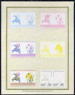 Tuvalu - Nanumaga 1985 Flowers (Leaders of the World) 40c set of 7 imperf progressive proof pairs comprising the 4 individual colours plus 2, 3 and all 4 colour composites mounted on special Format International cards (7 se-tenant proof pairs), stamps on , stamps on stamps on flowers, stamps on stamps on daffodils