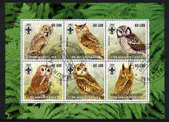 Mauritania 2002 Birds of Prey #6 perf sheetlet containing 6 values cto used (Owls) each with Scout logo, stamps on , stamps on  stamps on birds, stamps on  stamps on birds of prey, stamps on  stamps on owls, stamps on  stamps on scouts