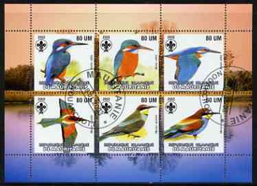 Mauritania 2002 Kingfishers perf sheetlet containing 6 values cto used each with Scout logo, stamps on , stamps on  stamps on birds, stamps on  stamps on kingfisher, stamps on  stamps on scouts