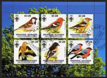 Mauritania 2002 Song Birds perf sheetlet containing 6 values cto used each with Scout logo, stamps on birds, stamps on scouts