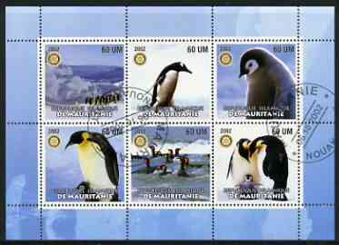 Mauritania 2002 Penguins #1 perf sheetlet containing 6 values cto used each with Rotary logo, stamps on birds, stamps on penguins, stamps on polar, stamps on rotary