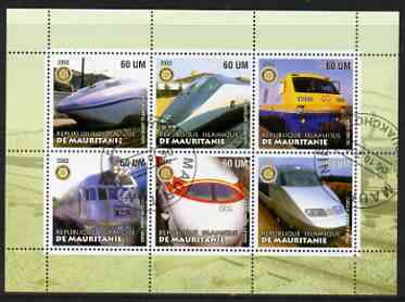 Mauritania 2002 Railway Locos #2 perf sheetlet containing 6 values cto used each with Rotary logo, stamps on railways, stamps on rotary