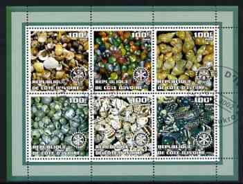 Ivory Coast 2002 Minerals #1 (green border) perf sheetlet containing 6 values cto used each with Rotary logo, stamps on , stamps on  stamps on minerals, stamps on  stamps on rotary