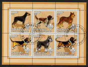Ivory Coast 2002 Dogs #1 perf sheetlet containing 6 values cto used each with Scout logo, stamps on dogs, stamps on scouts