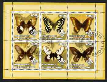 Ivory Coast 2002 Butterflies #1 (yellow border) perf sheetlet containing 6 values cto used each with Scout logo, stamps on butterflies, stamps on scouts