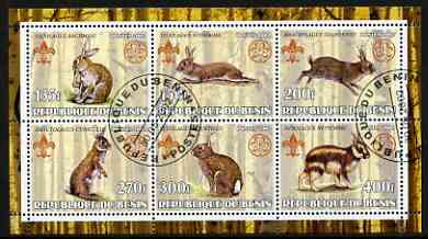 Benin 2002 Rabbits & Hares perf sheetlet containing set of 6 values, each with Scouts & Guides Logos cto used, stamps on , stamps on  stamps on scouts, stamps on  stamps on guides, stamps on  stamps on animals, stamps on  stamps on rabbits, stamps on  stamps on hares