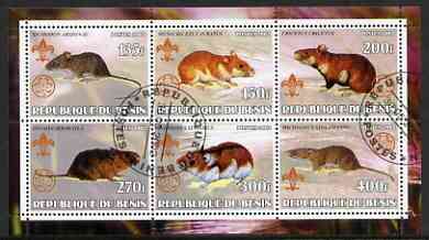 Benin 2002 Rats perf sheetlet containing set of 6 values, each with Scouts & Guides Logos cto used, stamps on scouts, stamps on guides, stamps on rats, stamps on rodents, stamps on animals