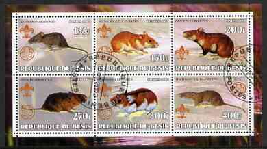 Benin 2002 Rats perf sheetlet containing set of 6 values, each with Scouts & Guides Logos cto used, stamps on , stamps on  stamps on scouts, stamps on  stamps on guides, stamps on  stamps on rats, stamps on  stamps on rodents, stamps on  stamps on animals