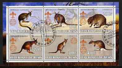 Benin 2002 Kangaroos perf sheetlet containing set of 6 values, each with Scouts & Guides Logos cto used, stamps on scouts, stamps on guides, stamps on kangaroos