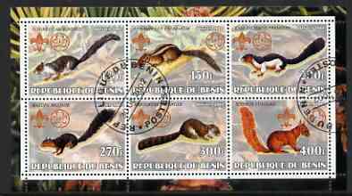 Benin 2002 Squirrels perf sheetlet containing set of 6 values, each with Scouts & Guides Logos cto used, stamps on scouts, stamps on guides, stamps on animals, stamps on squirrels