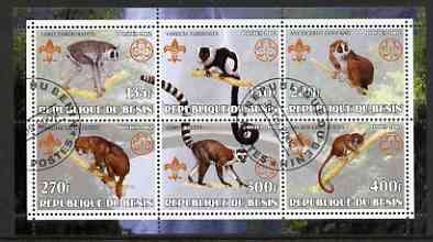 Benin 2002 Lemurs perf sheetlet containing set of 6 values, each with Scouts & Guides Logos cto used, stamps on , stamps on  stamps on scouts, stamps on  stamps on guides, stamps on  stamps on animals, stamps on  stamps on lemurs, stamps on  stamps on apes