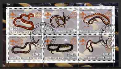 Congo 2002 Snakes perf sheetlet containing set of 6 values, each with Scouts & Guides Logos cto used, stamps on , stamps on  stamps on scouts, stamps on  stamps on guides, stamps on  stamps on reptiles, stamps on  stamps on snakes, stamps on  stamps on snake, stamps on  stamps on snakes, stamps on  stamps on 