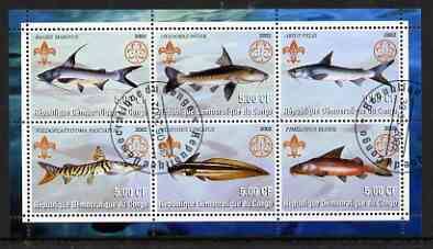 Congo 2002 Fish #1 perf sheetlet containing set of 6 values, each with Scouts & Guides Logos cto used, stamps on scouts, stamps on guides, stamps on fish
