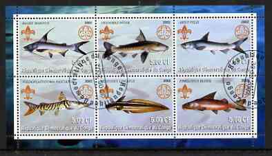 Congo 2002 Fish #1 perf sheetlet containing set of 6 values, each with Scouts & Guides Logos cto used, stamps on , stamps on  stamps on scouts, stamps on  stamps on guides, stamps on  stamps on fish