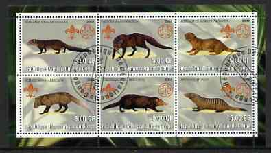 Congo 2002 Mongooses perf sheetlet containing set of 6 values, each with Scouts & Guides Logos cto used, stamps on scouts, stamps on guides, stamps on animals, stamps on mongoosses