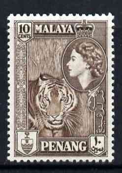 Malaya - Penang 1957 Tiger 10c brown (from def set) unmounted mint, SG 49*, stamps on , stamps on  stamps on cats, stamps on  stamps on tigers