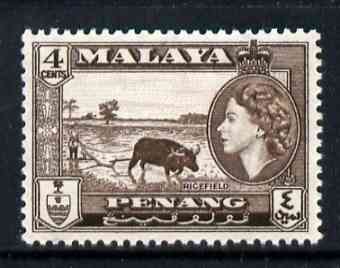 Malaya - Penang 1957 Ricefield 4c (from def set) unmounted mint, SG 46*, stamps on , stamps on  stamps on rice, stamps on  stamps on oxen, stamps on  stamps on bovine, stamps on  stamps on food