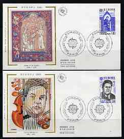 France 1985 Europa - Music Year perf set of 2 each on 'silk' cover with special first day cancel, stamps on music, stamps on europa, stamps on composers