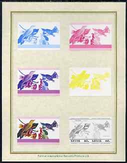 Nevis 1985 John Audubon Birds #1 (Leaders of the World) 60c set of 7 imperf progressive proof pairs comprising the 4 individual colours plus 2, 3 and all 4 colour composites mounted on special Format International cards (7 se-tenant proof pairs as SG 273a), stamps on , stamps on  stamps on audubon  birds  