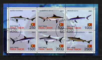 Timor (East) 2001 Sharks perf sheetlet containing set of 6 values cto used, stamps on fish, stamps on sharks