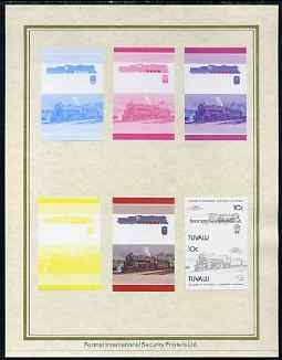 Tuvalu 1985 Locomotives #4 (Leaders of the World) 10c 'Class KF 4-8-4' set of 7 imperf progressive proof pairs comprising the 4 individual colours plus 2, 3 and all 4 colour composites mounted on special Format International cards (7 se-tenant proof pairs as SG 315a), stamps on , stamps on  stamps on railways