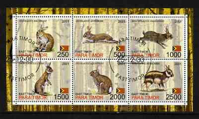 Timor (East) 2001 Rabbits perf sheetlet containing set of 6 values cto used, stamps on animals, stamps on rabbits
